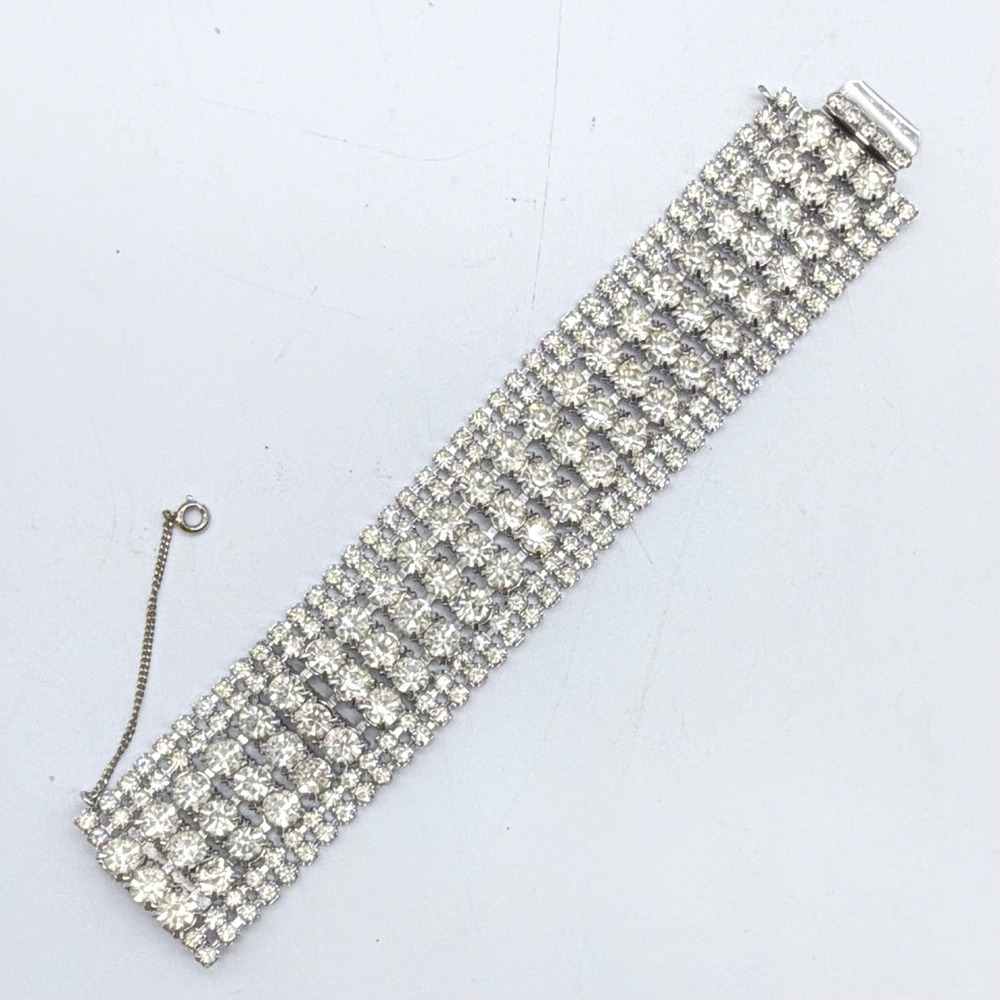 Vintage Rhinestone Cuff Cocktail Bracelet 5-Row Clear Crystal Bridal Statement
